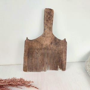 Antique Wooden wool comb with handle lovely decoration. country primitive stile or Wabi sabi home.