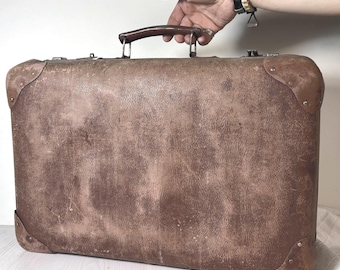 Walizka vintage z teksturowanej skóry ekologicznej, klasyczna, kolekcjonerska, stara walizka podróżna