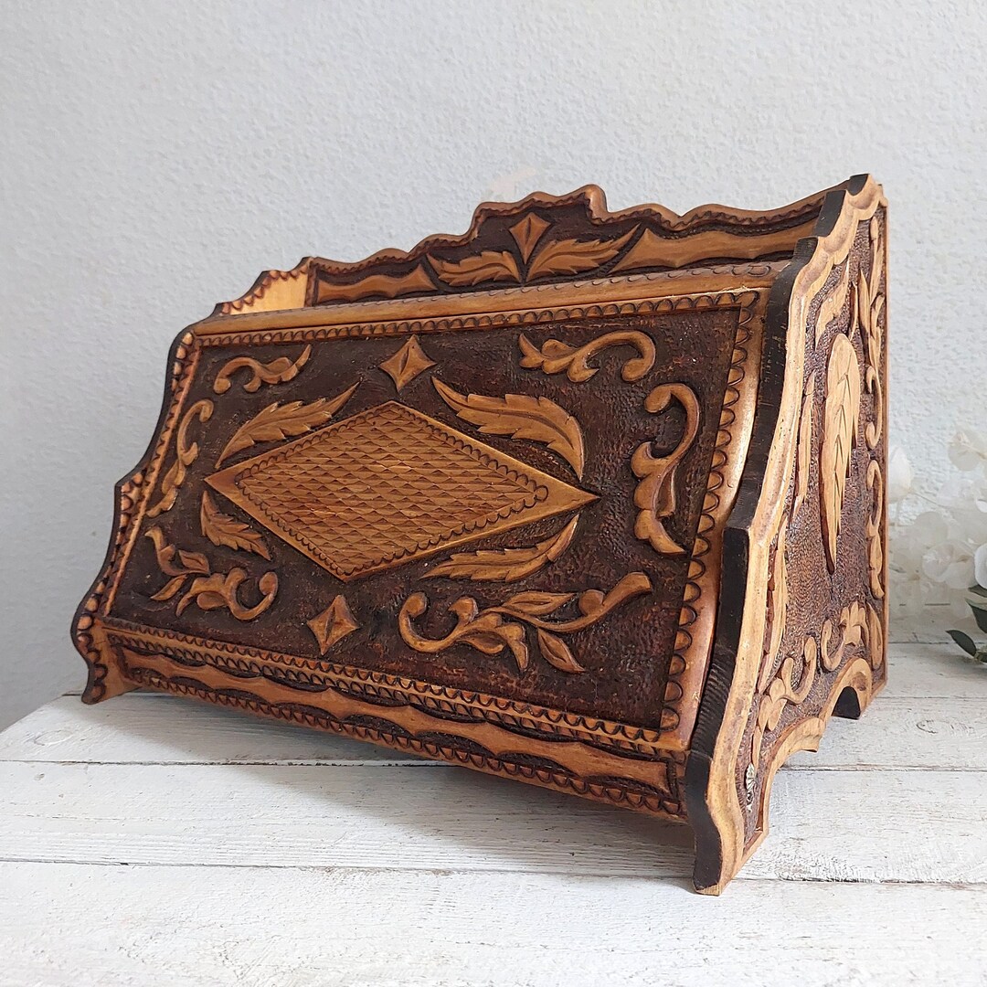 Vintage Carved Wooden Bread Box With Drawer. Handmade Lidded Tabletop ...