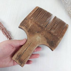 Antique Wooden wool comb with handle lovely decoration. country primitive stile or Wabi sabi home.