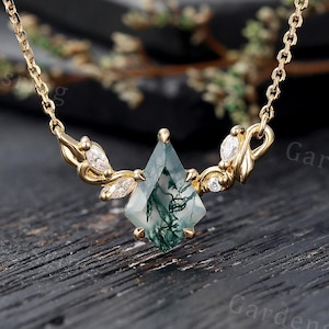 Kite cut moss agate Pendant Necklace vintage solid gold marquise moissanite diamond Necklace wedding Women Bridal Necklace Anniversary gift