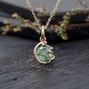 Round cut Moss Agate Pendant Necklace vintage 14k gold solitaire Pendant Necklace Women Bridal promise birthday necklace Anniversary gift
