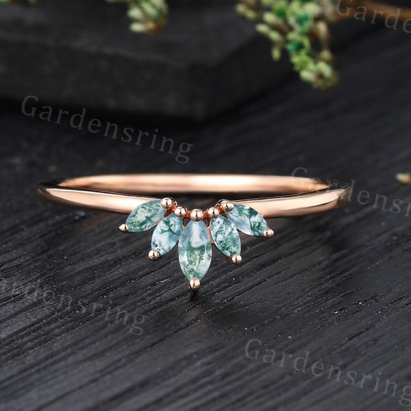 Curved wedding band Marquise Moss Agate wedding band Vintage Rose gold Dainty clusterring  matching band Promise Anniversary gift for her