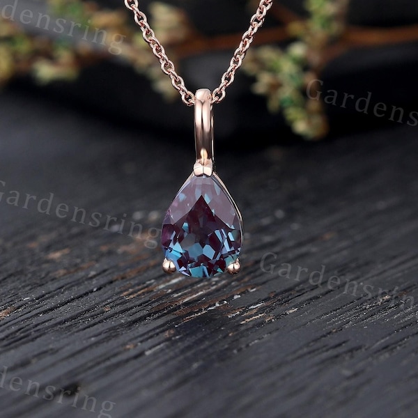 Pear shaped Alexandrite Pendant Necklace vintage rose gold solitaire Pendant Necklace for Women Minimalist Necklace Bridal Anniversary gift