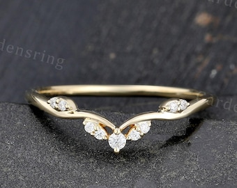Unique Moissanite curved wedding band Vintage solid gold Diamond wedding band Dainty Delicate stacking matching band Anniversary gift ring.