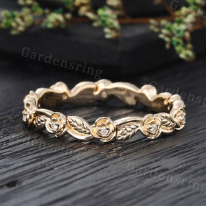 Vintage Solid 14K Yellow Gold Floral Wedding Band Full Eternity Diamond ...