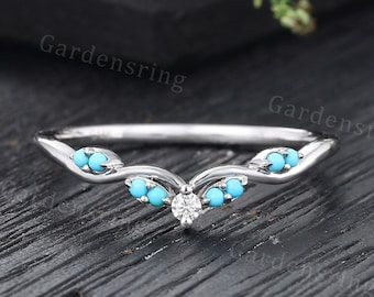 Unique Turquoise curved wedding band Vintage White gold Moissanite wedding band Dainty Delicate Promise Marriage Anniversary wedding ring.