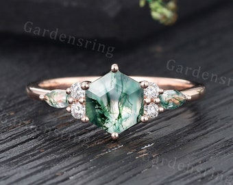 Hexagon cut Moss Agate Engagement ring Rose gold cluster Marquise Moissanite diamond ring Unique Bridal promise Marriage Anniversary ring