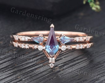 Kite cut Alexandrite engagement ring set Vintage Rose gold Micro pave set dainty Diamond Moissanite wedding ring Bridal Anniversary ring set