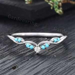 Unique Turquoise curved wedding band Vintage White gold Moissanite wedding band Dainty Delicate Promise Marriage Anniversary wedding ring.