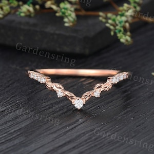 Vintage Moissanite Floral gebogener Ehering Einzigartiger Rose Gold Diamant Filigree Ehering Dainty Versprechen Ehe Jahrestag Blatt Ring