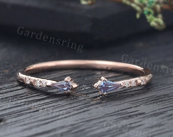 Kite cut Alexandrite Open wedding band Vintage Rose gold Micro pave Diamond wedding band Delicate Promise Marriage Anniversary wedding band
