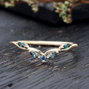 Marquise cut blue green sapphire wedding band vintage curved wedding band 14k gold Dainty Delicate matching band Promise Anniversary ring