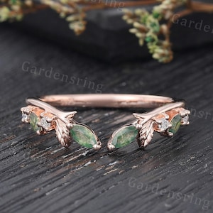 Anillo de bodas de ágata musgosa con corte marquesa. Anillo de bodas único de oro rosa curvado con diamantes. Anillo de bodas abierto. Anillo de hoja a juego con moissanita para mujer.