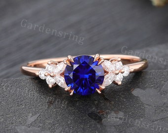 Sapphire Engagement ring Vintage Rose Gold art deco Cluster Marquise moissanite diamond wedding women Bridal promise Anniversary gift ring.