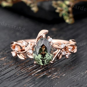 Pear shaped Green Sapphire engagement ring rose gold Vintage moissanite ring unique Diamond leaf ring women bridal promise Anniversary ring