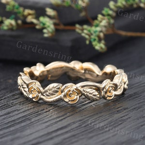 Vintage Solid 14K Yellow Gold Floral Wedding Band Unique Simple Plain ...
