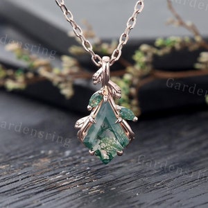 Kite cut Moss Agate Pendant Necklace vintage rose gold marquise cut moss agate Necklace for Women promise leaf necklace Anniversary gift