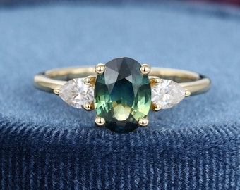 Oval Blue Green Sapphire Engagement ring vintage 14k gold  Pear shaped moissanite diamond ring  women Bridal Promise anniversary gift her