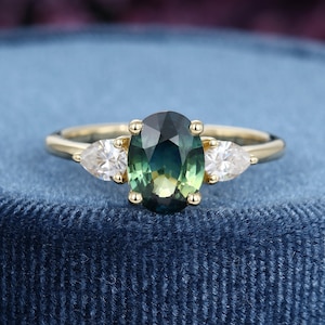 Oval Blue Green Sapphire Engagement ring vintage 14k gold  Pear shaped moissanite diamond ring  women Bridal Promise anniversary gift her