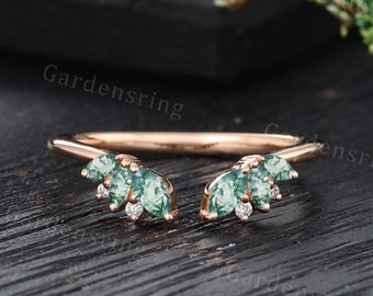 Marquise cut Moss Agate wedding band vintage rose gold Curved wedding band Moissanite ring women open ring matching Bridal Anniversary ring
