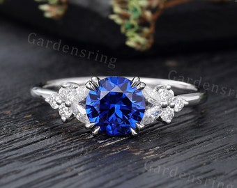 Sapphire Engagement ring Vintage white Gold art deco Cluster Marquise moissanite diamond wedding women Bridal promise Anniversary gift ring.