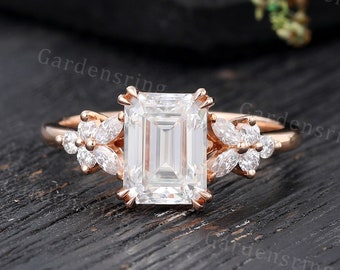 Vintage Moissanite Engagement ring emerald cut Rose gold Cluster shank marquise cut Diamond Bridal ring women promise Anniversary ring
