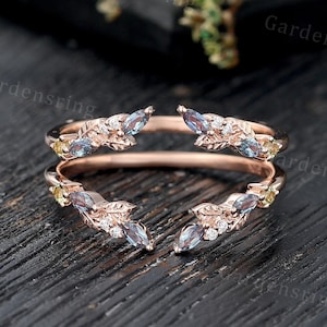 Marquise cut alexandrite wedding band Unique Rose gold enhancer band vintage moissanite double band Open wedding band leaf ring Anniversary