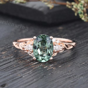 Vintage oval cut Green Sapphire engagement ring Rose gold pear shaped moissanite ring unique Diamond wedding women bridal Anniversary ring