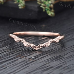 Vintage Plain Gold curved wedding band Unique Rose gold Diamond Filigree leaf wedding band Delicate Promise Marriage Anniversary Branch ring
