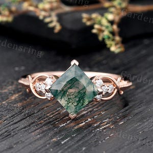 Princess cut Moss Agate engagement ring vintage Rose gold moissanite engagement ring twist Diamond ring bridal promise Anniversary gift ring