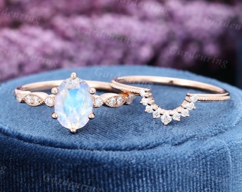 Square Rainbow Moonstone silver Lotus fitted alternative wedding ring set.