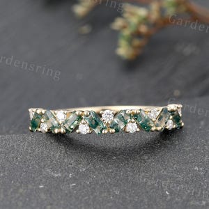 Baguette cut Moss agate wedding band Unique solid gold moissanite diamond ring Stacking Matching band half eternity band Anniversary ring