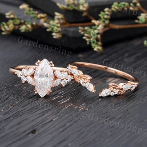 Marquise cut Moissanite Engagement ring set Vintage diamond open wedding band Rose gold cluster Unique leaf ring Bridal set Anniversary gift