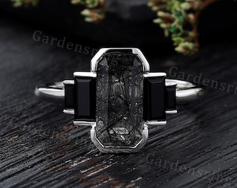 Emerald cut Black rutilated quartz engagement ring Unique white gold ring Baguette cut Black onyx ring Black gemstone ring women promise