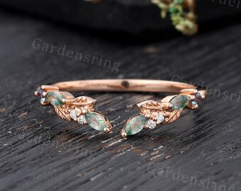 Moss agate Curved wedding band Unique Rose gold Alexandrite ring Open wedding band Round cut Moissanite Wedding ring leaf  ring for women