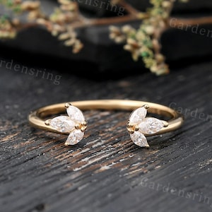 Marquise cut Moissanite Open wedding band Vintage Dainty solid gold Diamond wedding band Delicate cluster matching bridal Anniversary gift
