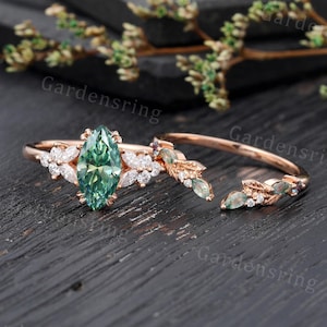 Marquise cut Green Moissanite Engagement ring set Vintage moss agate wedding band Rose gold Cluster Unique leaf Bridal set Anniversary gift