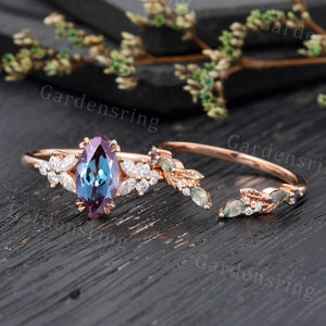 Marquise cut Alexandrite Engagement ring set Vintage Moss Agate wedding band Rose gold cluster leaf moissanite Bridal set Anniversary ring