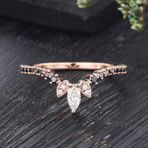 Marquise cut Moissanite curved wedding band Vintage Rose gold Half eternity pave black onyx matching band Dainty Marriage Anniversary ring.
