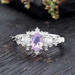 Oval cut Lavender Amethyst Engagement ring white gold vintage moissanite engagement ring Unique triangle cut Bridal promise Anniversary ring