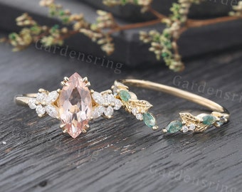 Marquise cut Morganite Engagement ring set Vintage moss agate wedding band 14k gold Cluster  Unique moissanite Bridal set Anniversary gift