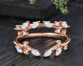 Marquise cut Natural Opal Double Open wedding band Rose gold Diamond Open enhancer band Delicate Promise Marriage Anniversary wedding jacket