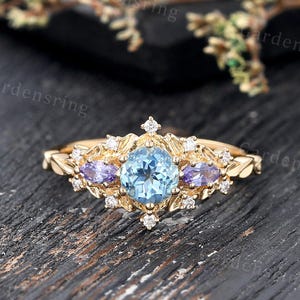 Vintage Aquamarin Verlobungsring Solid Gold Einzigartig Marquise Schnitt Tansanit Ring Blattring Art Deco Moissanit Ring Braut Jahrestag Ring