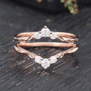 Vintage Moissanite wedding band rose gold diamond curved wedding band leaf enhancer band women matching band bridal promise Anniversary ring