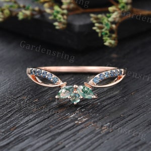 Marquise cut Moss agate wedding band Vintage Rose gold Blue Green sapphire curved wedding ring women Stacking Matching ring Promise ring