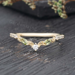 Vintage Moissanite Floral curved wedding band solid 14k gold marquise cut peridot wedding band Dainty Promise matching Anniversary Leaf ring