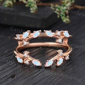 Marquise cut Opal wedding band Double Open wedding band Rose gold Diamond ring enhancer Delicate leaf ring guard Anniversary wedding jacket