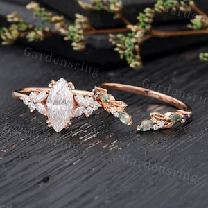 Marquise cut Moissanite Engagement ring set Vintage moss agate wedding band Rose gold Cluster shank Unique leaf Bridal set Anniversary gift