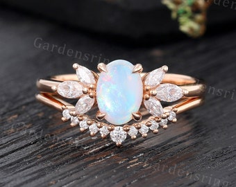 Vintage Opal engagement ring set Dainty Rose gold Oval cut Unique Prong set ring Marquise cut Diamond wedding ring women promise bridal set